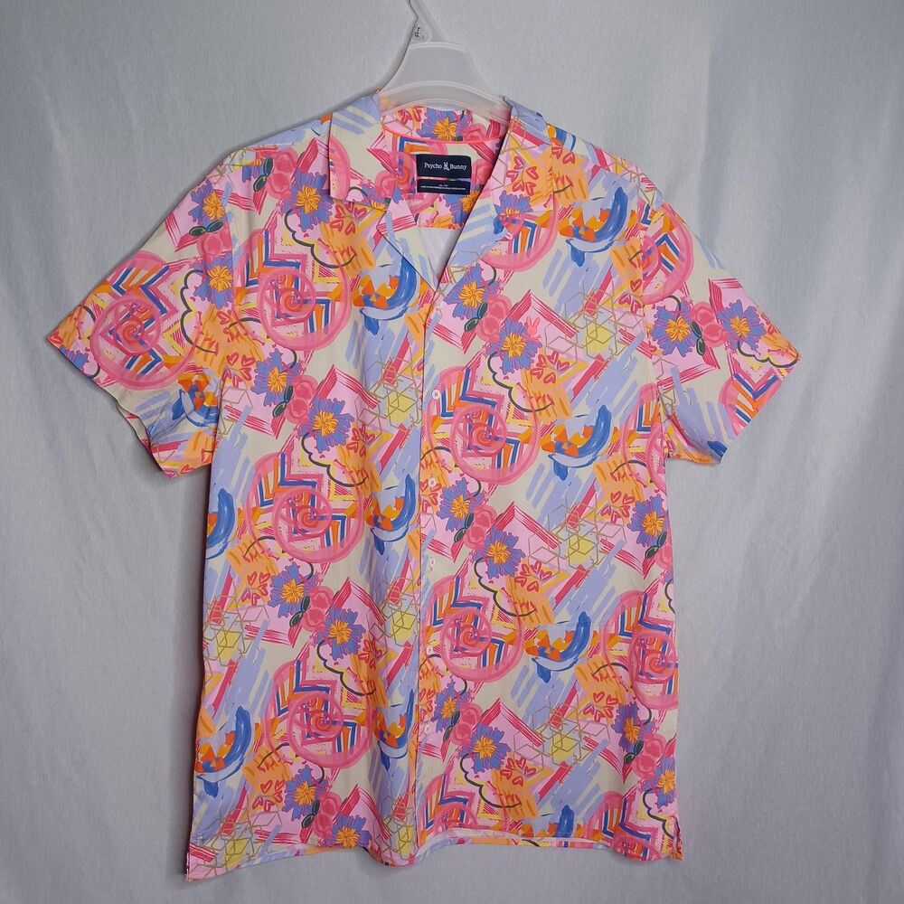 Psycho Bunny Shirt Mens 2XL Multicolor Floral Abstract Short Sleeve Button Up